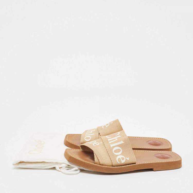 Pre Owned Chloe Beige Canvas Woody Flat Slides Size 38