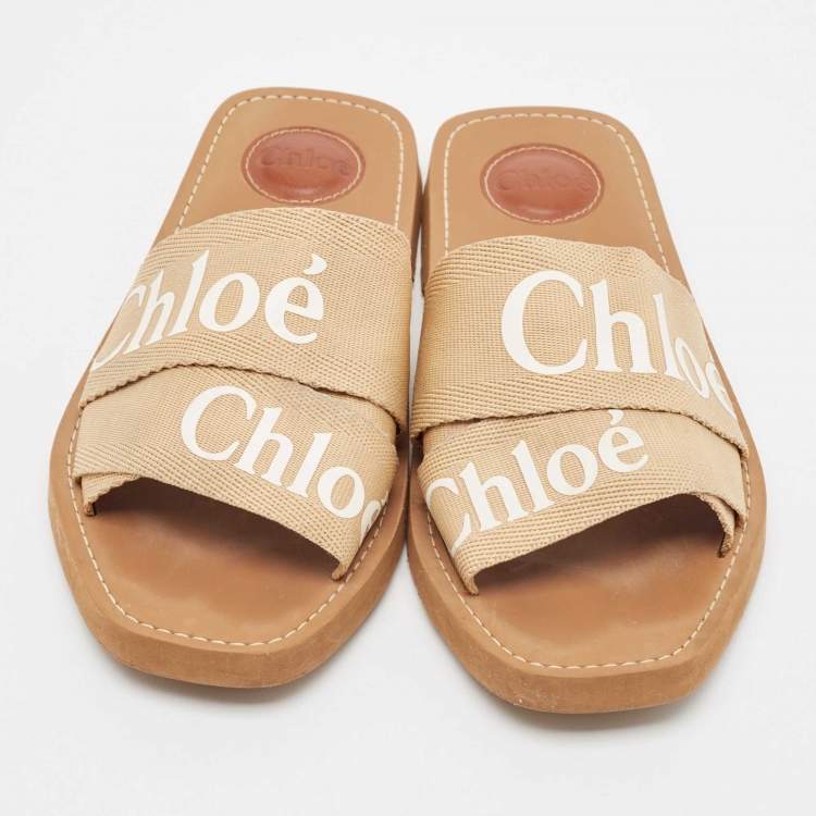 Pre Owned Chloe Beige Canvas Woody Flat Slides Size 38