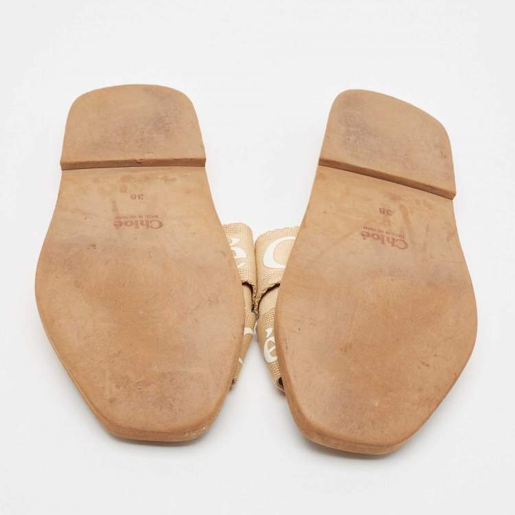 Pre Owned Chloe Beige Canvas Woody Flat Slides Size 38