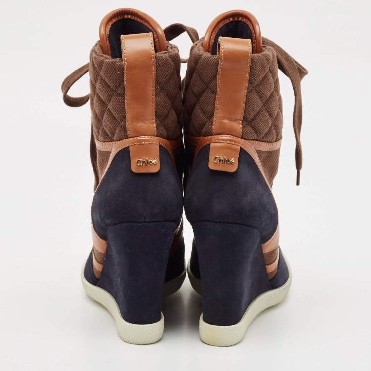 Pre Owned Chloe Tricolor Leather and Suede Wedge Sneaker Boots Size 39.5