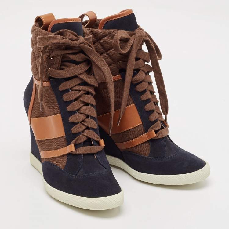 Pre Owned Chloe Tricolor Leather and Suede Wedge Sneaker Boots Size 39.5