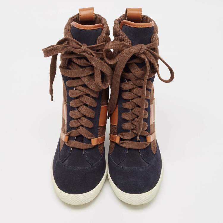 Pre Owned Chloe Tricolor Leather and Suede Wedge Sneaker Boots Size 39.5