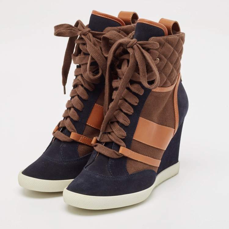 Pre Owned Chloe Tricolor Leather and Suede Wedge Sneaker Boots Size 39.5