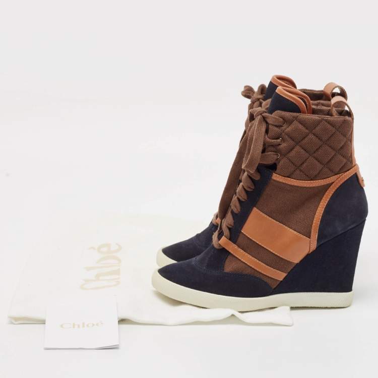 Pre Owned Chloe Tricolor Leather and Suede Wedge Sneaker Boots Size 39.5