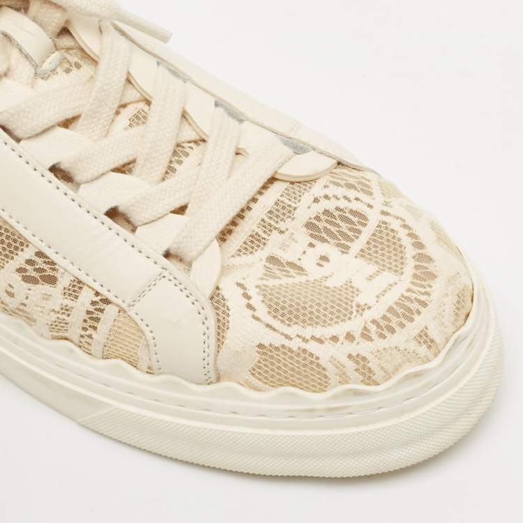 Pre Owned Chloe Cream Lace and Leather Lauren Low Top Sneakers Size 41