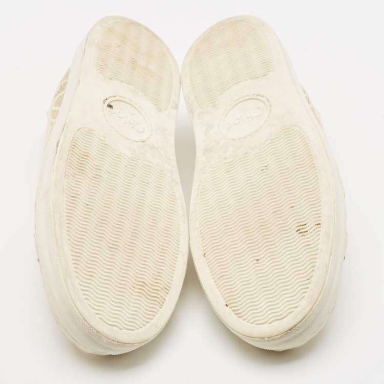 Pre Owned Chloe Cream Lace and Leather Lauren Low Top Sneakers Size 41