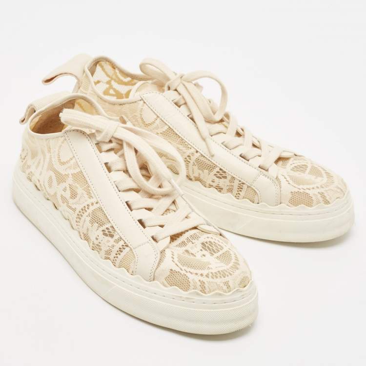 Pre Owned Chloe Cream Lace and Leather Lauren Low Top Sneakers Size 41