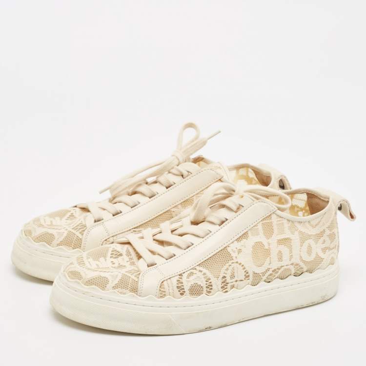 Pre Owned Chloe Cream Lace and Leather Lauren Low Top Sneakers Size 41