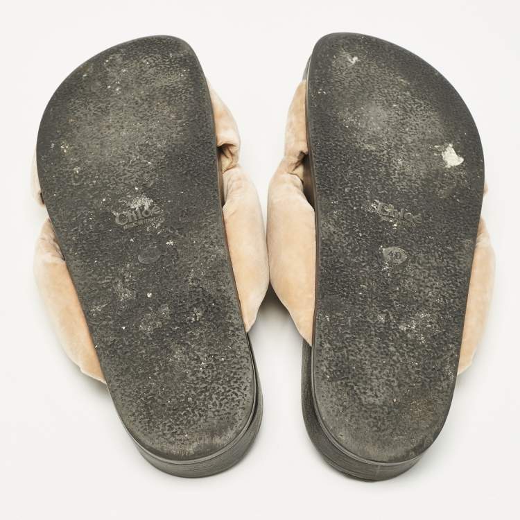 Pre Owned Chloe Beige Velvet Nolan Flat Slides Size 40