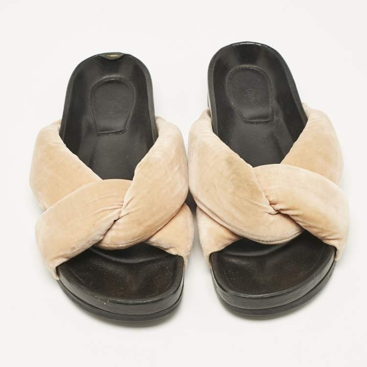 Pre Owned Chloe Beige Velvet Nolan Flat Slides Size 40