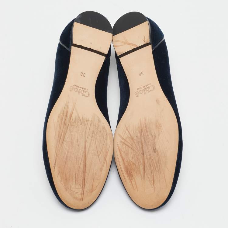 Pre Owned Chloe Navy Blue Velvet Ankle Strap Ballet Flats Size 38