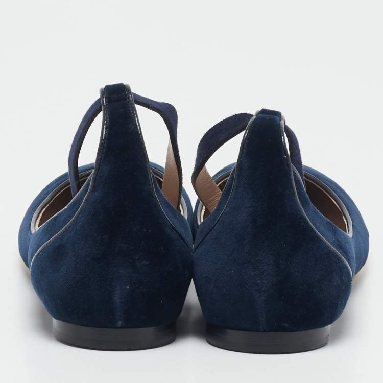 Pre Owned Chloe Navy Blue Velvet Ankle Strap Ballet Flats Size 38