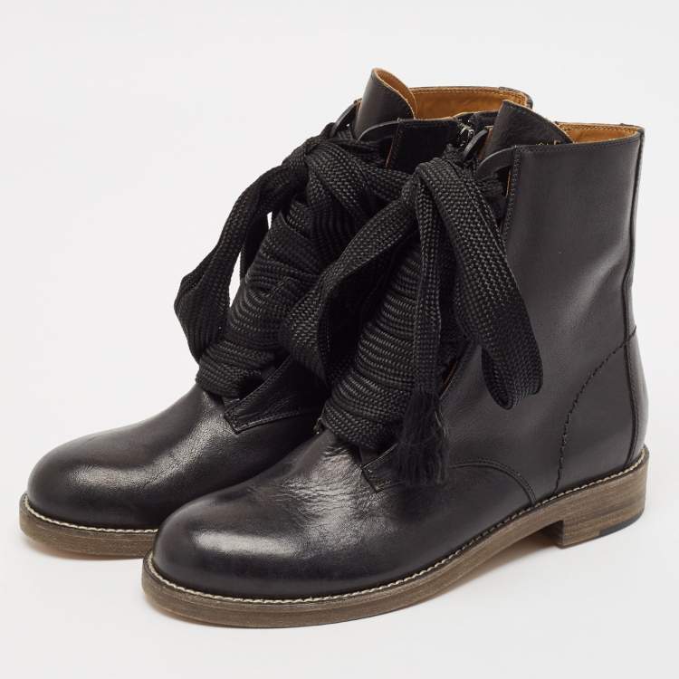 Pre Owned Chloe Black Leather Lace Ankle Boots Size 36