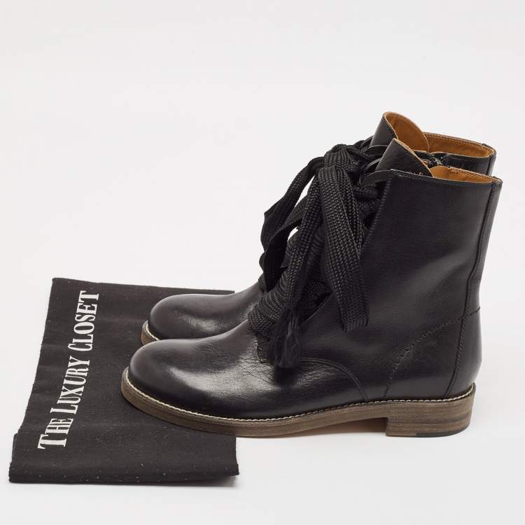 Pre Owned Chloe Black Leather Lace Ankle Boots Size 36