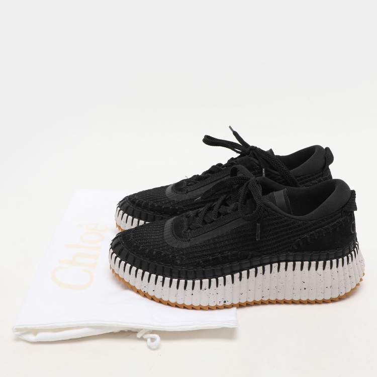 Pre Owned Chloe Black Knit Fabric and Suede Nama Low Top Sneakers Size 37