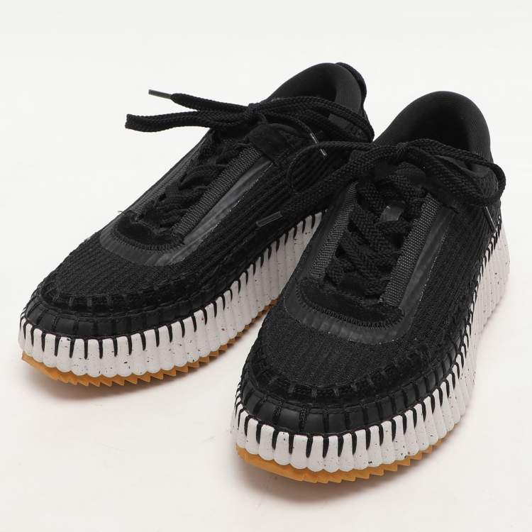 Pre Owned Chloe Black Knit Fabric and Suede Nama Low Top Sneakers Size 37
