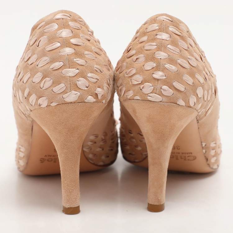 Pre Owned Chloe Beige Woven Fabric and Suede Bow Pumps Size 36
