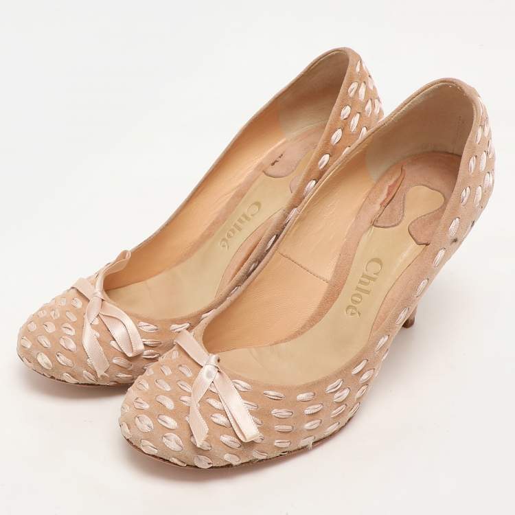Pre Owned Chloe Beige Woven Fabric and Suede Bow Pumps Size 36