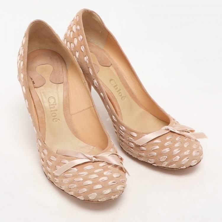 Pre Owned Chloe Beige Woven Fabric and Suede Bow Pumps Size 36