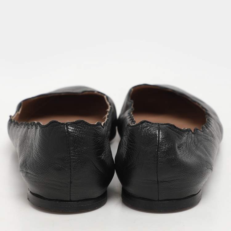 Pre Owned Chloe Black Leather Laurena Scalloped Ballet Flats Size 36