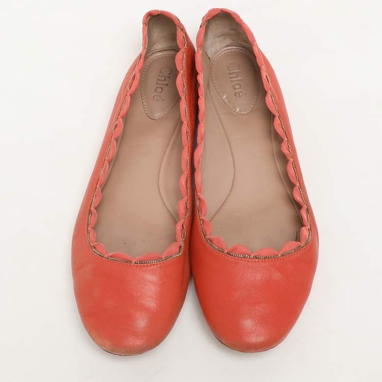 Pre Owned Chloe Orange Leather Laurena Scalloped Ballet Flats Size 37