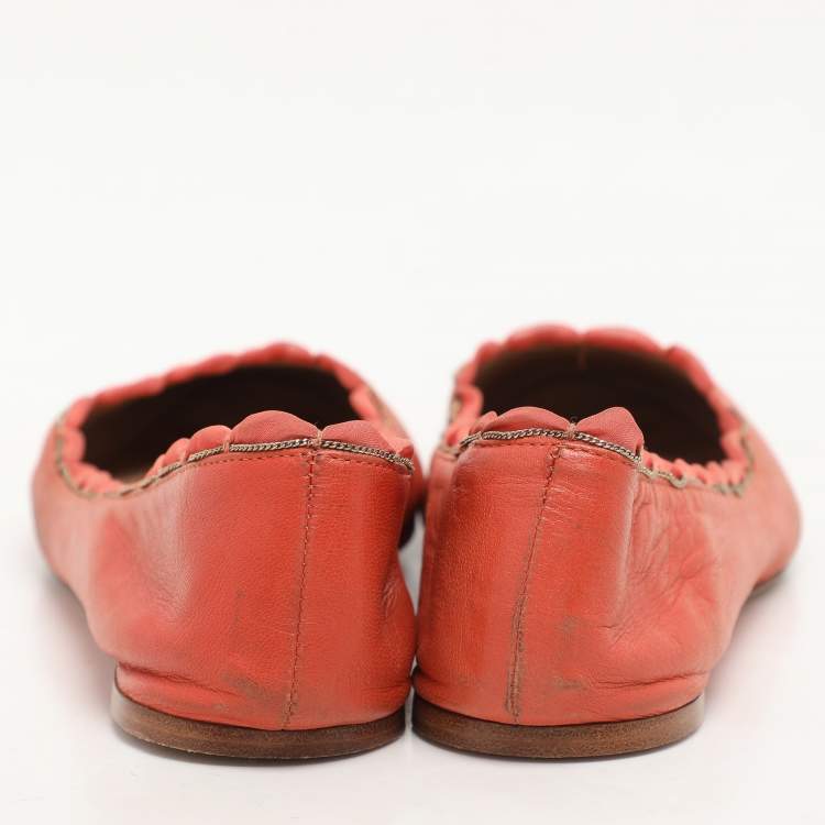 Pre Owned Chloe Orange Leather Laurena Scalloped Ballet Flats Size 37