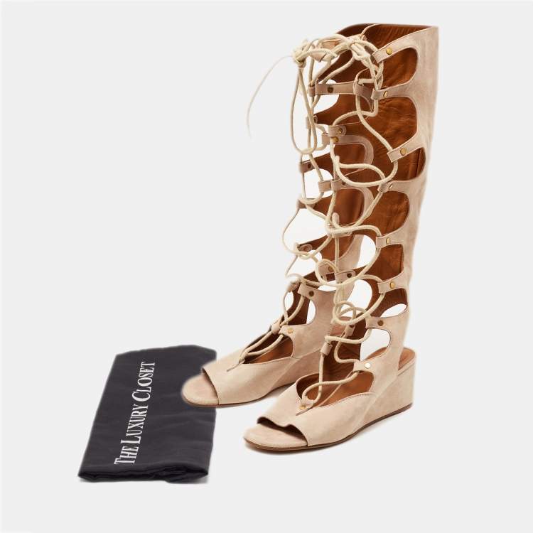 Pre Owned Chloe Beige Suede Gladiator Wedge Gladiator Sandals Size 36