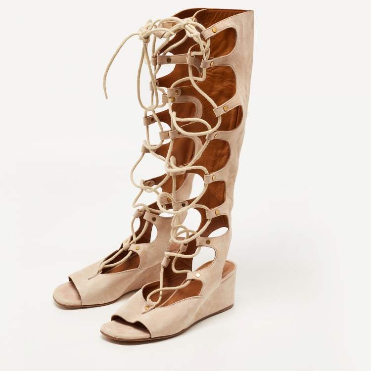 Pre Owned Chloe Beige Suede Gladiator Wedge Gladiator Sandals Size 36