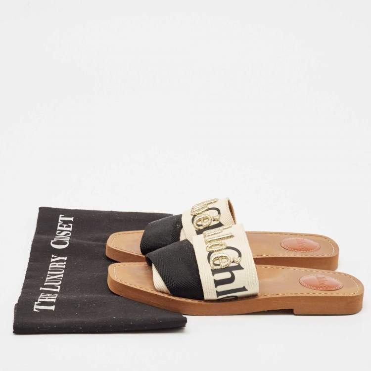Pre Owned Chloe White/Black Canvas Woody Slide Flats Size 36