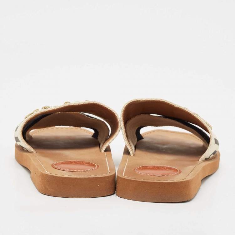 Pre Owned Chloe White/Black Canvas Woody Slide Flats Size 36