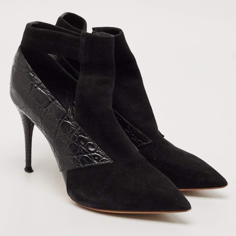 Pre Owned Chloe Black Croc Embossed Leather and Suede Ankle Length Boots Size 36