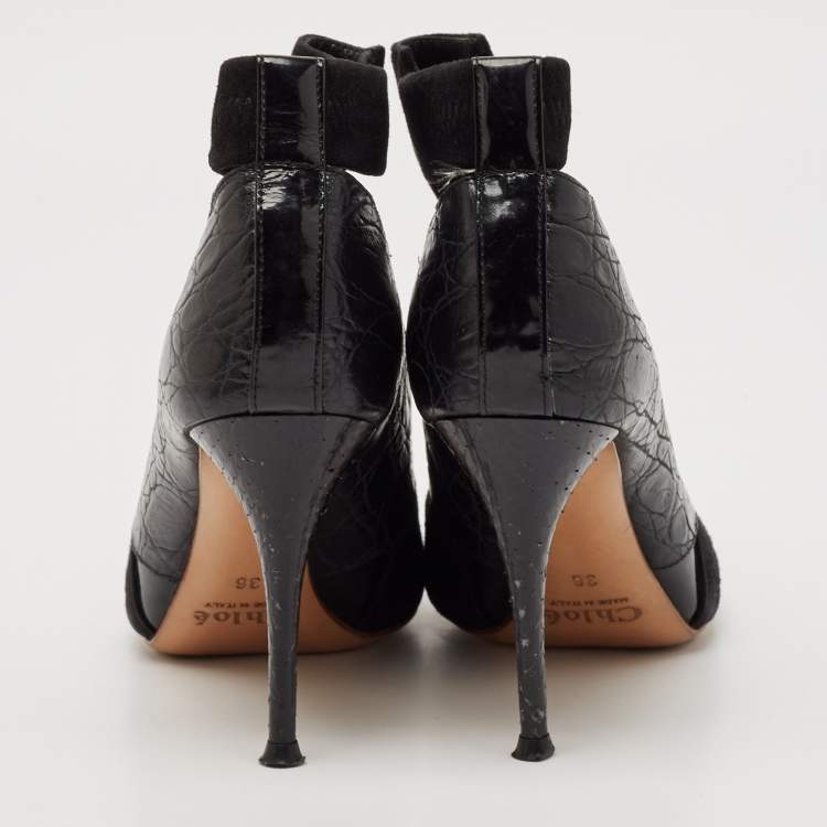 Pre Owned Chloe Black Croc Embossed Leather and Suede Ankle Length Boots Size 36