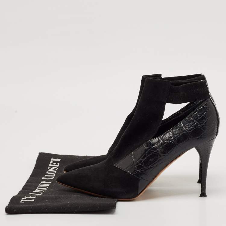 Pre Owned Chloe Black Croc Embossed Leather and Suede Ankle Length Boots Size 36