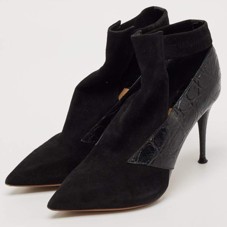Pre Owned Chloe Black Croc Embossed Leather and Suede Ankle Length Boots Size 36