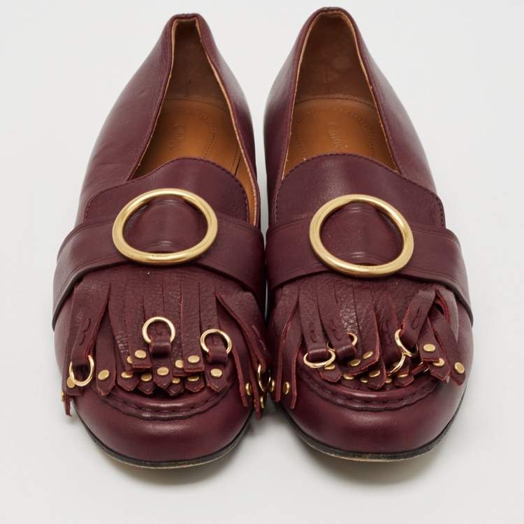 Pre Owned Chloe Burgundy Leather Fringe Gold Tips Details Slip On Loafers Size 40