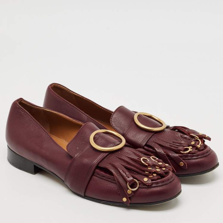 Pre Owned Chloe Burgundy Leather Fringe Gold Tips Details Slip On Loafers Size 40