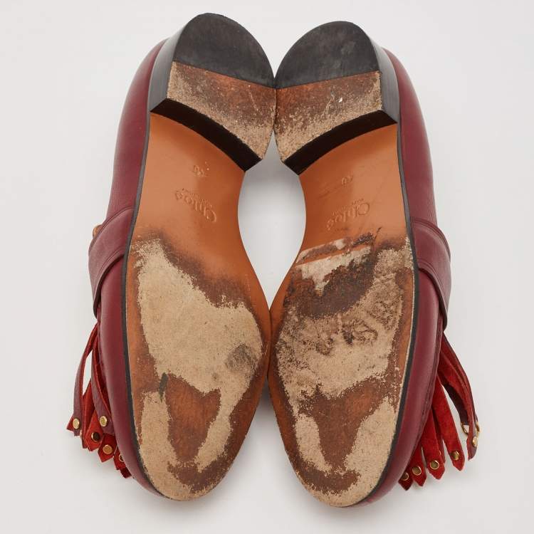 Pre Owned Chloe Burgundy Leather Fringe Gold Tips Details Slip On Loafers Size 40