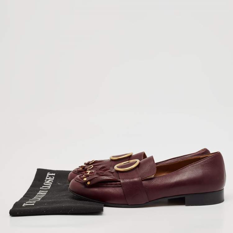 Pre Owned Chloe Burgundy Leather Fringe Gold Tips Details Slip On Loafers Size 40