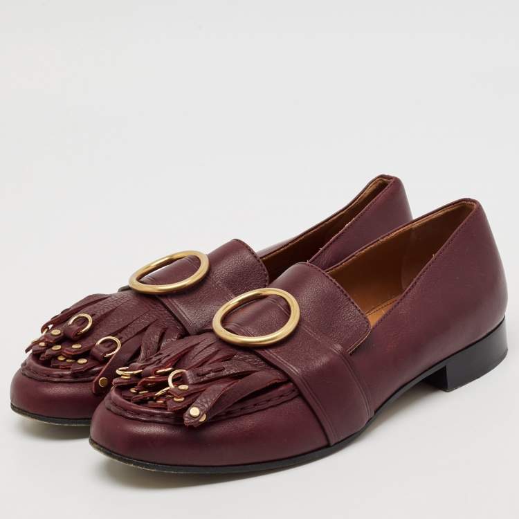 Pre Owned Chloe Burgundy Leather Fringe Gold Tips Details Slip On Loafers Size 40