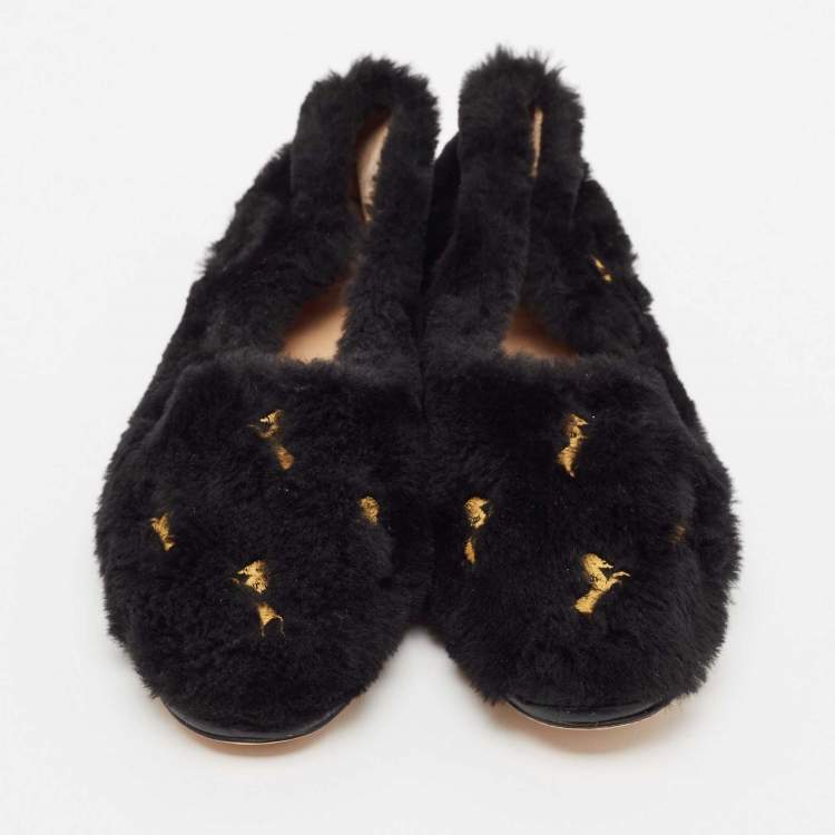 Pre Owned Chloe Black Fur Horse Embroidered Ballet Flats Size 40