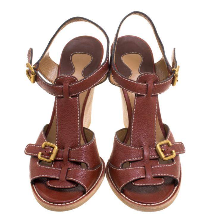 مملوكة مسبقًا Chloe Brown Leather Wooden Wedge Sandals Size 40.5