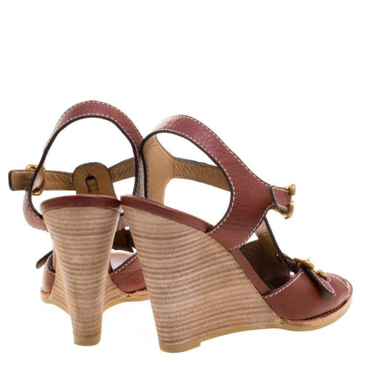 مملوكة مسبقًا Chloe Brown Leather Wooden Wedge Sandals Size 40.5
