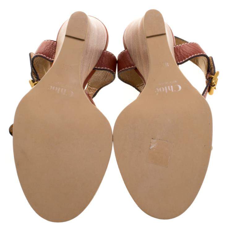 مملوكة مسبقًا Chloe Brown Leather Wooden Wedge Sandals Size 40.5