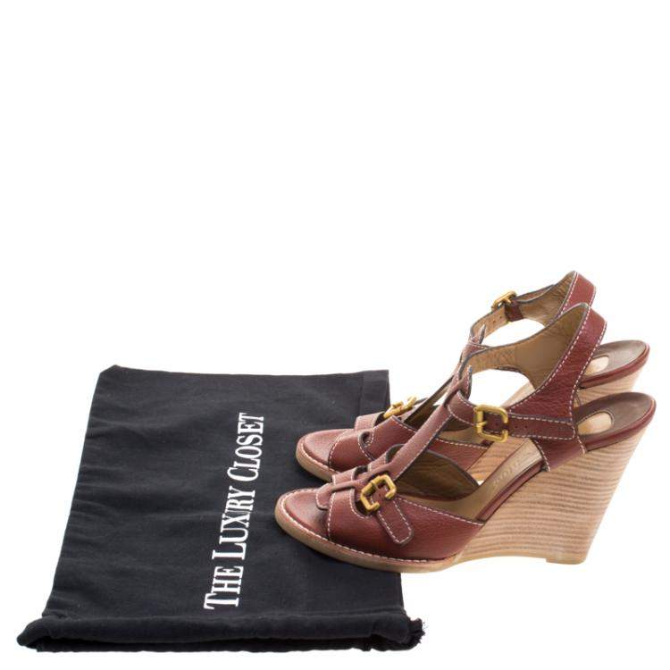 مملوكة مسبقًا Chloe Brown Leather Wooden Wedge Sandals Size 40.5