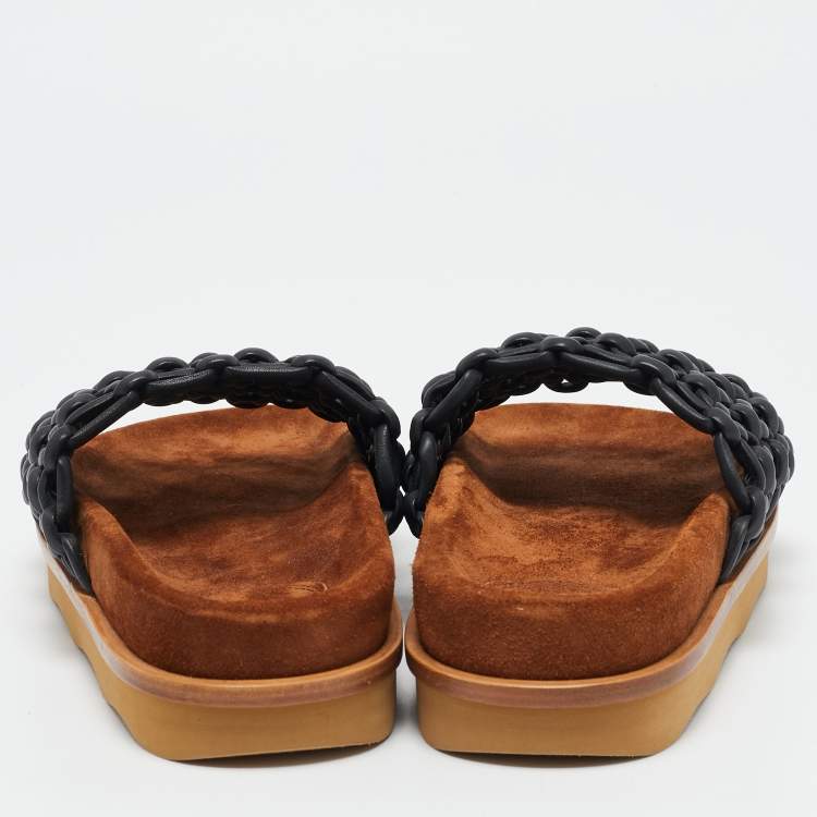 Pre Owned Chloe Black/Brown Leather and Suede Wavy Slide Flats Size 36