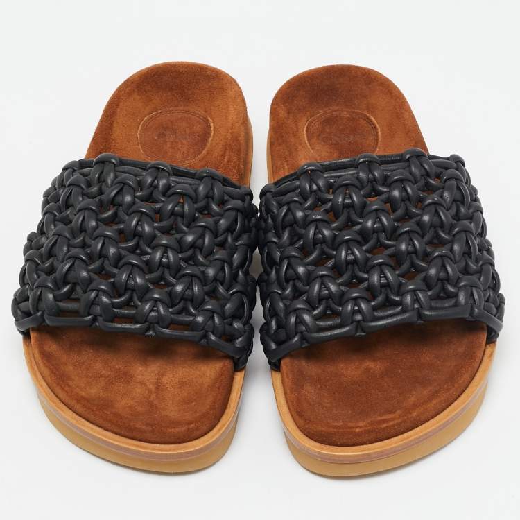 Pre Owned Chloe Black/Brown Leather and Suede Wavy Slide Flats Size 36