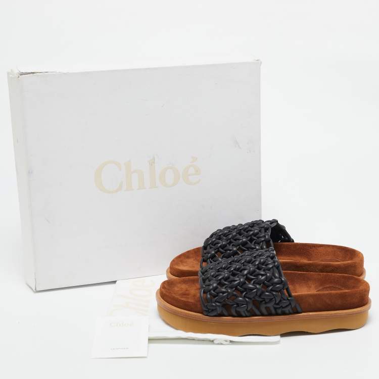 Pre Owned Chloe Black/Brown Leather and Suede Wavy Slide Flats Size 36