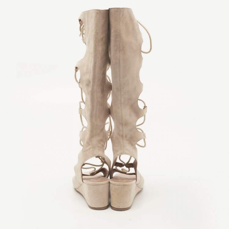Pre Owned Chloe Beige Suede Gladiator Wedge Ankle Wrap Sandals Size 36.5