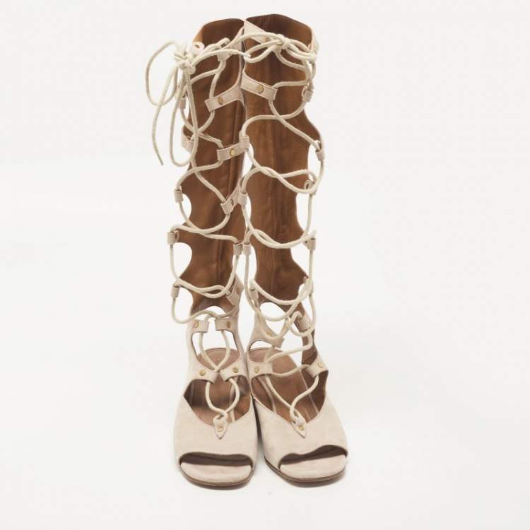 Pre Owned Chloe Beige Suede Gladiator Wedge Ankle Wrap Sandals Size 36.5