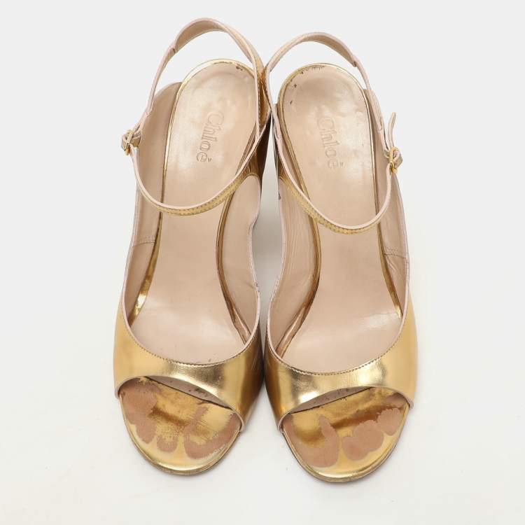Pre Owned Chloe Gold Leather Ankle Strap Pumps Size 40